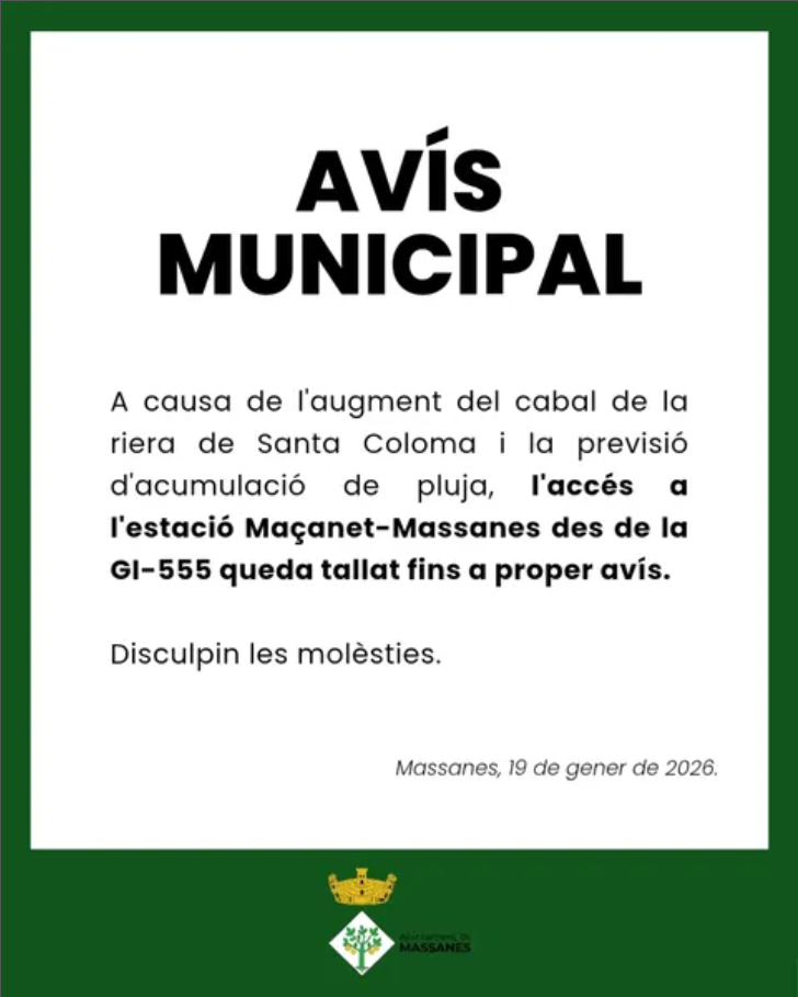 AvÃs tall tram riera de Santa Coloma a Massanes