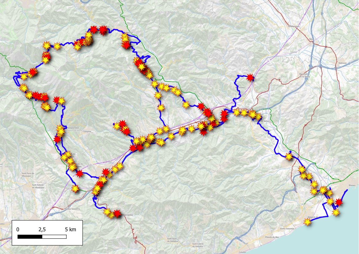 Mapa amb la distribució de les incidències i segons la seva gravetat: greus (vermelles) i lleus (grogues)