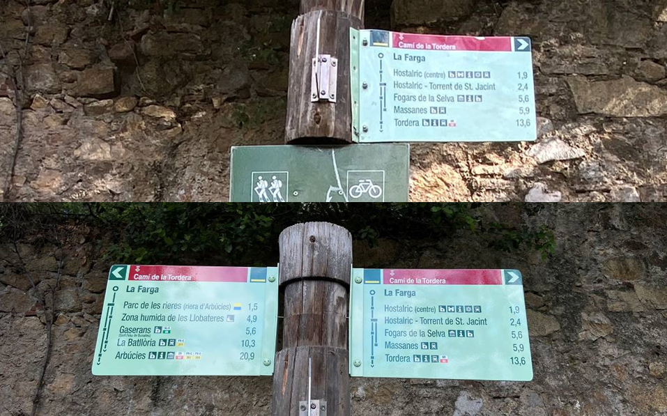 Foto: Tourdera. Reposició de senyalització desapareguda i malmesa a Hostalric.